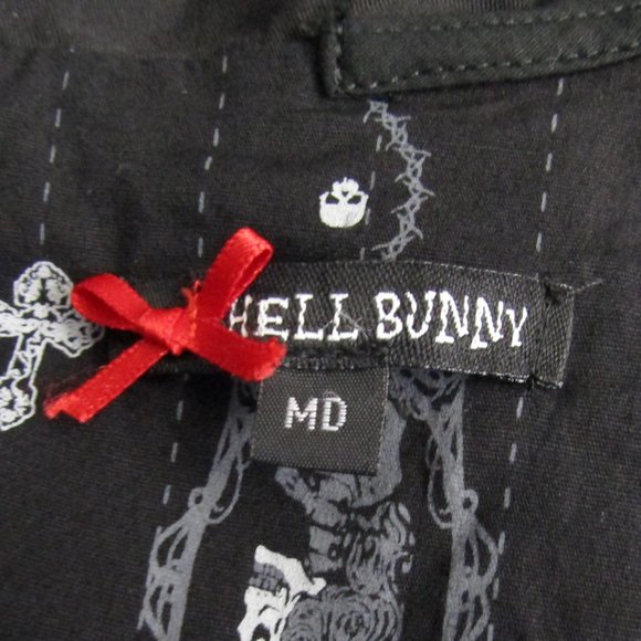 Hell Bunny Collared Gemma Mini Dress in Black Pinstripe Skull Cameo - M - Picture 9 of 10